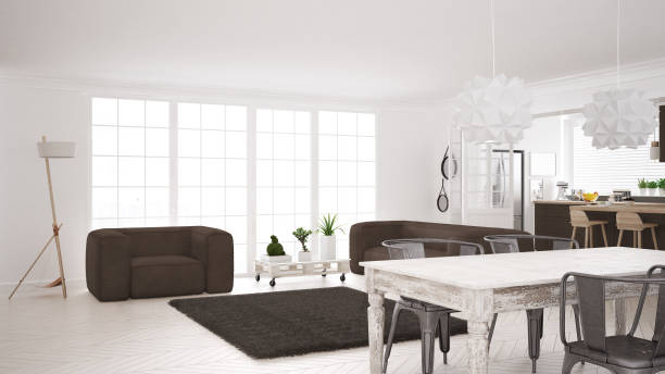 istock Minimalist white and brown living and kitchen, scandinavian classic interior design 652908250