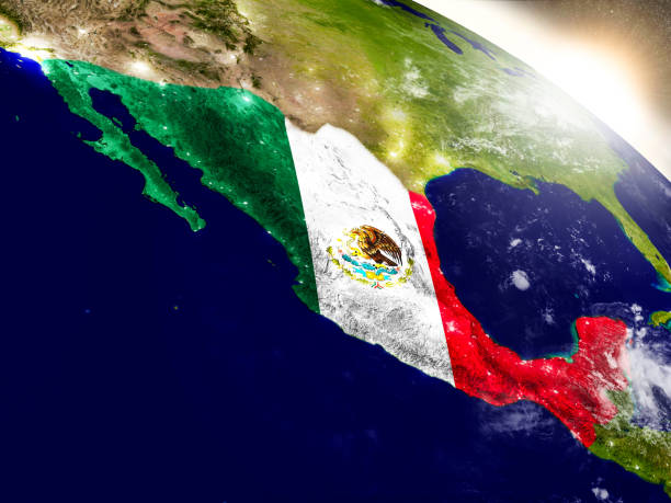 Mexico with embedded flag on planet surface during sunrise. 3D illustration with highly detailed realistic planet surface and visible city lights. 3D model of planet created and rendered in Cheetah3D software, 9 Mar 2017. Some layers of planet surface use textures furnished by NASA, Blue Marble collection: http://visibleearth.nasa.gov/view_cat.php?categoryID=1484
