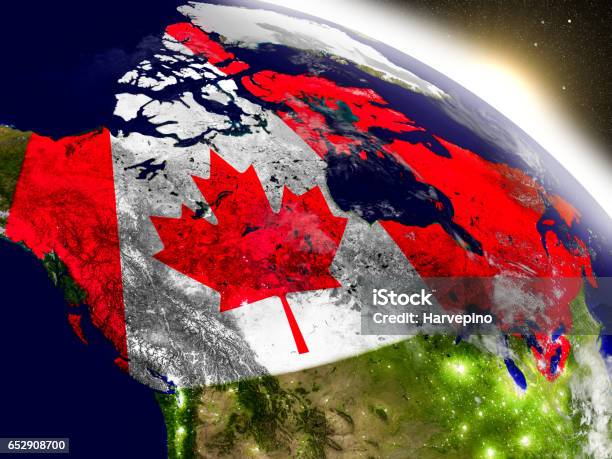 Canada With Flag In Rising Sun Stock Photo - Download Image Now - Canada, Map, Globe - Navigational Equipment