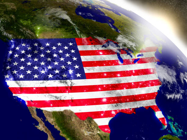 USA with embedded flag on planet surface during sunrise. 3D illustration with highly detailed realistic planet surface and visible city lights. 3D model of planet created and rendered in Cheetah3D software, 9 Mar 2017. Some layers of planet surface use textures furnished by NASA, Blue Marble collection: http://visibleearth.nasa.gov/view_cat.php?categoryID=1484