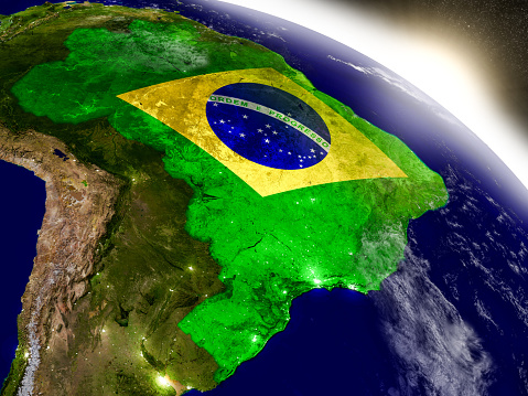 Foto de Brasil Com Bandeira No Sol Nascente e mais fotos de stock de Brasil  - Brasil, Mapa, País - Área geográfica - iStock
