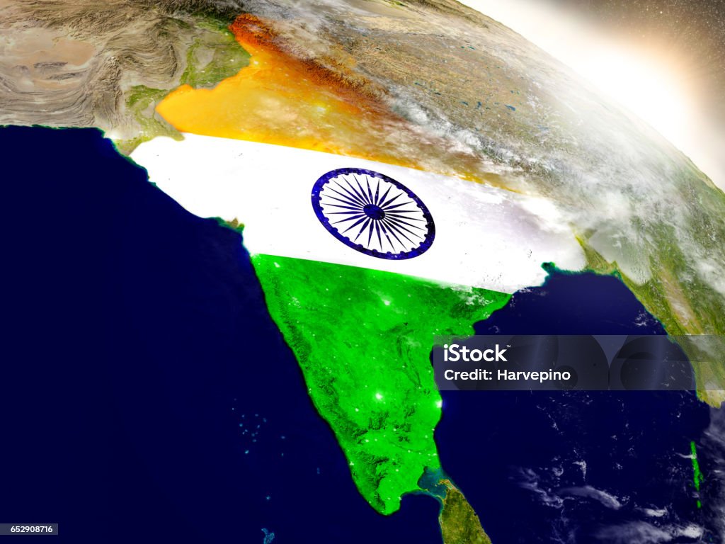 India with flag in rising sun India with embedded flag on planet surface during sunrise. 3D illustration with highly detailed realistic planet surface and visible city lights. 3D model of planet created and rendered in Cheetah3D software, 9 Mar 2017. Some layers of planet surface use textures furnished by NASA, Blue Marble collection: http://visibleearth.nasa.gov/view_cat.php?categoryID=1484 India Stock Photo