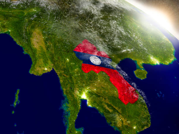 istock Laos with flag in rising sun 652908790