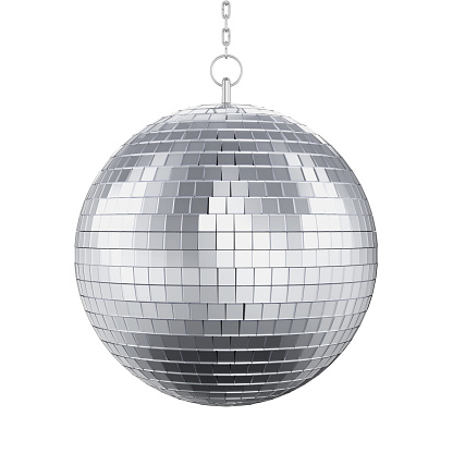 Silver colored disco ball on white background. Horizontal composition with clipping path.