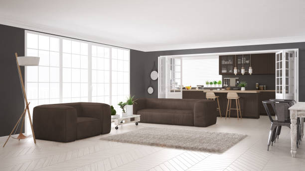 istock Minimalist white and brown living and kitchen, scandinavian classic interior design 652909044