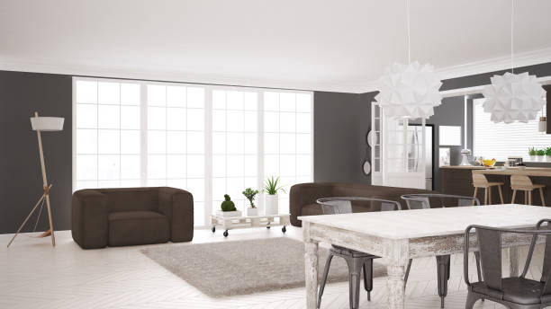 istock Minimalist white and brown living and kitchen, scandinavian classic interior design 652909160
