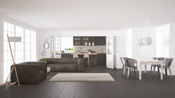 istock Minimalist white and gray living and kitchen, scandinavian classic interior design 652911652