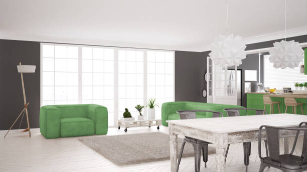 istock Minimalist white and green living and kitchen, scandinavian classic interior design 652914224
