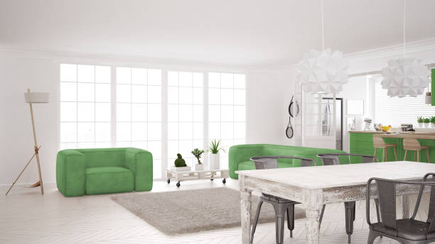 istock Minimalist white and green living and kitchen, scandinavian classic interior design 652914440
