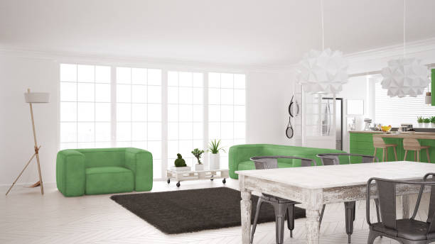 istock Minimalist white and green living and kitchen, scandinavian classic interior design 652914514