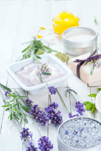 istock Body care products on white wood, top view 652914628
