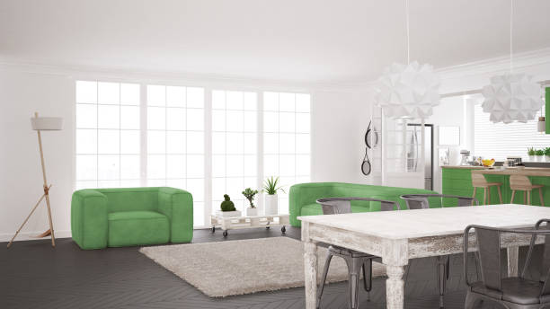 istock Minimalist white and green living and kitchen, scandinavian classic interior design 652914716