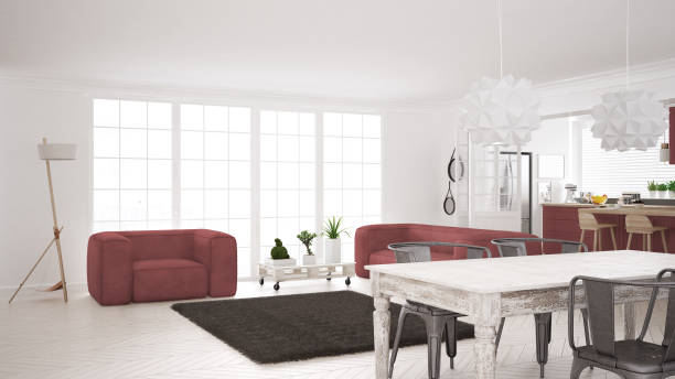 istock Minimalist white and red living and kitchen, scandinavian classic interior design 652915114