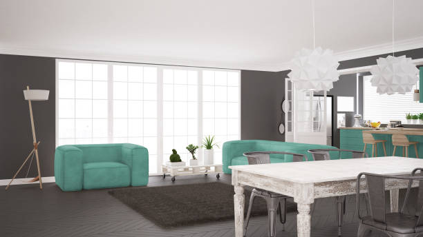 istock Minimalist white and turquoise living and kitchen, scandinavian classic interior design 652917922
