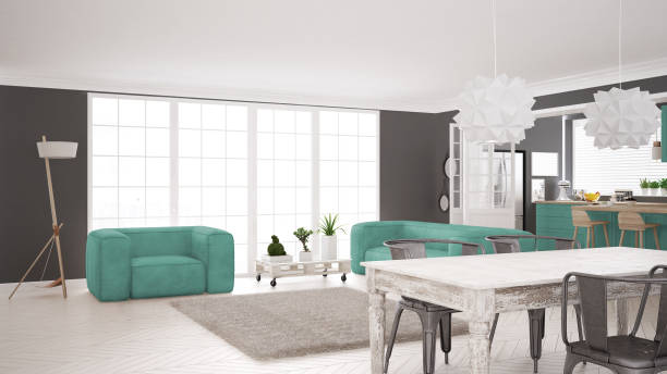 istock Minimalist white and turquoise living and kitchen, scandinavian classic interior design 652918084