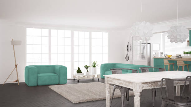 istock Minimalist white and turquoise living and kitchen, scandinavian classic interior design 652918138