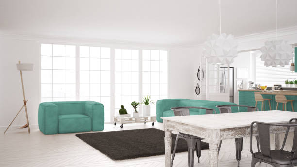 istock Minimalist white and turquoise living and kitchen, scandinavian classic interior design 652918318