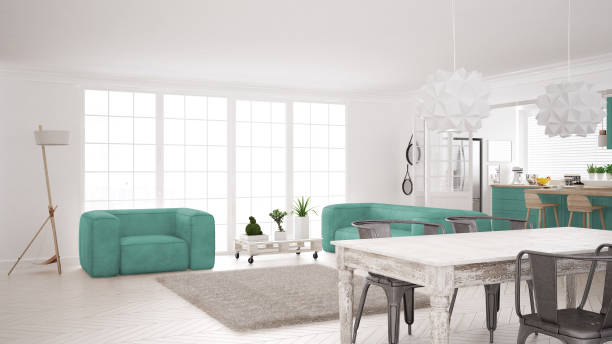 istock Minimalist white and turquoise living and kitchen, scandinavian classic interior design 652918384