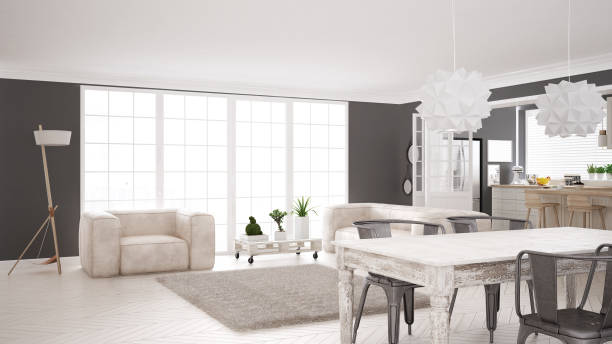 istock Minimalist white living and kitchen, scandinavian classic interior design 652920732