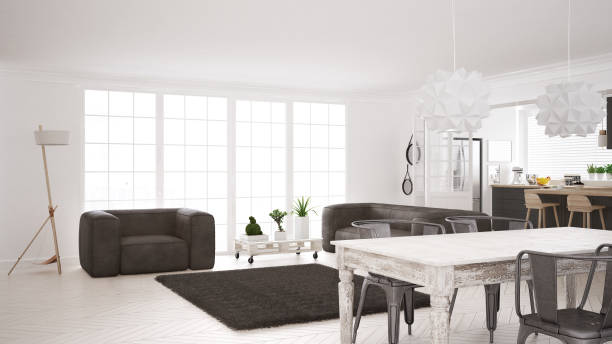 istock Minimalist white living and kitchen, scandinavian classic interior design 652920836