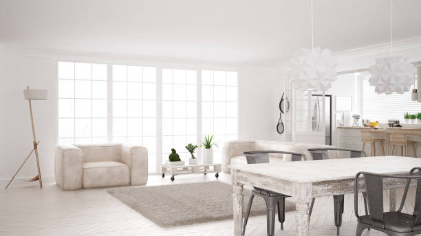 istock Minimalist white living and kitchen, scandinavian classic interior design 652920954