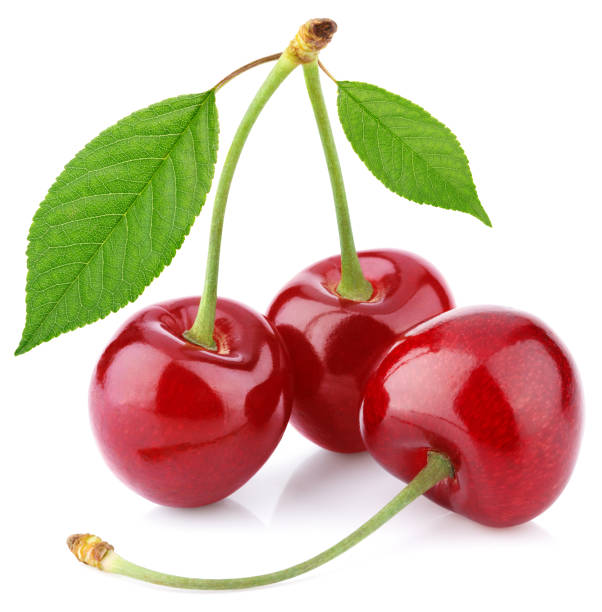 istock Three cherry berry with leaves isolated on white 652925120