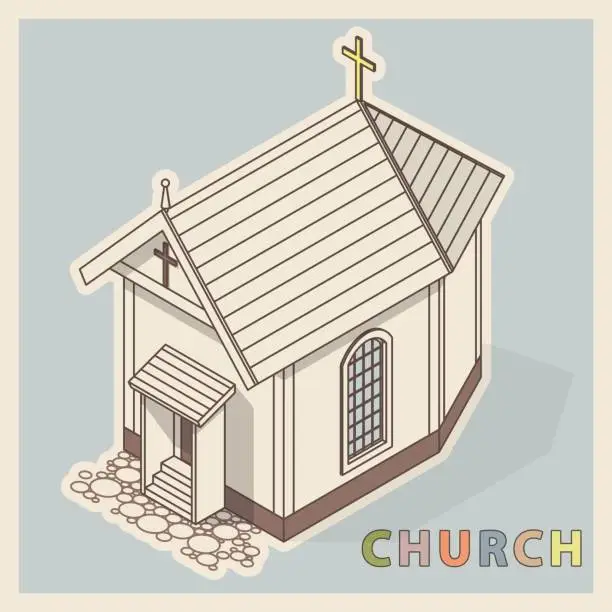 Vector illustration of Vector Christian small church, isometric perspective, isolated on white background.