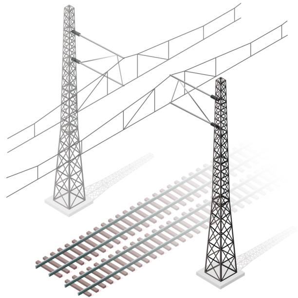 illustrazioni stock, clip art, cartoni animati e icone di tendenza di ferrovia vettoriale in prospettiva isometrica 3d isolata su sfondo bianco. - isometric power line electricity electricity pylon