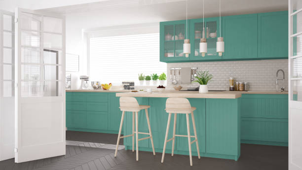 istock Scandinavian classic kitchen with wooden and turquoise details, minimalistic interior design 652927738