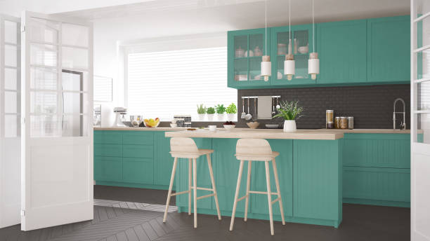 istock Scandinavian classic kitchen with wooden and turquoise details, minimalistic interior design 652927970