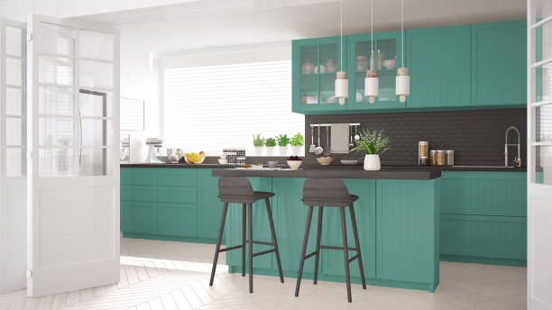 istock Scandinavian classic kitchen with wooden and turquoise details, minimalistic interior design 652928146