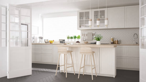 istock Scandinavian classic kitchen with wooden and white details, minimalistic interior design 652928336