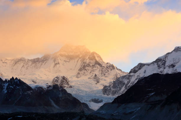 sunrise in the mountains Cho Oyu, Himalayas, Nepal. stock photo