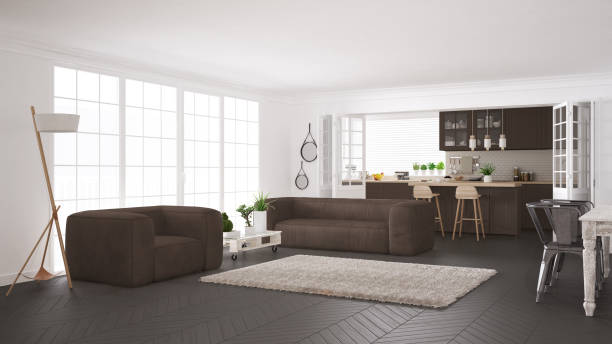 istock Minimalist white and brown living and kitchen, scandinavian classic interior design 652931406