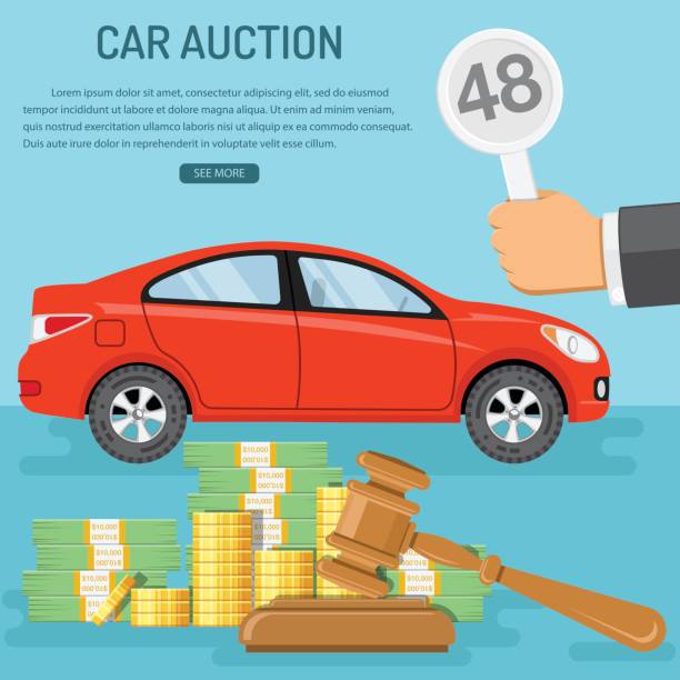 sale car at auction Auctions and bidding concept. Buyer holding in hand bid. Gavel and money. Sale car at auction. icon in flat style. isolated vector illustration e auction stock illustrations