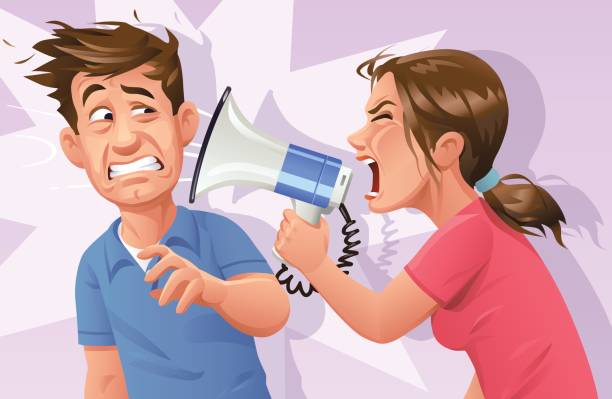 Woman With Megaphone Screaming At Man Stock Illustration - Download Image  Now - Women, Displeased, Wife - iStock