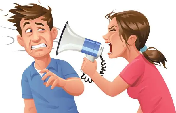 Vector illustration of Young woman With Megaphone Screaming At Man