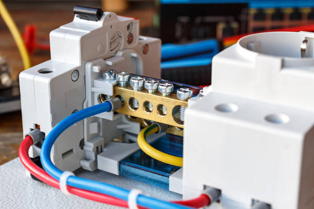 istock Electrical components on the mounting plate with the connected wires 652943242