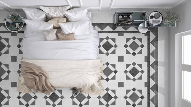 istock Classic bedroom, top view, with marble old vintage gray tiles 652943284