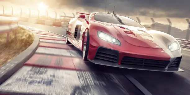 A close up image of a generic sports car with red and white livery moving at very high speed around a corner of a race track. The car is being driven with headlights on, on an outdoor racetrack, under a dramatic stormy evening sky at sunset. Location is fictitious.