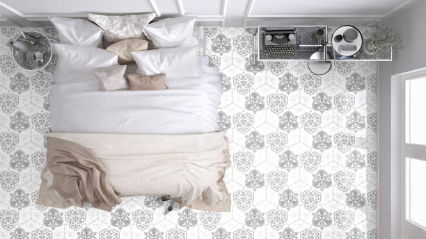 istock Classic bedroom, top view, with marble old vintage light gray tiles 652945836