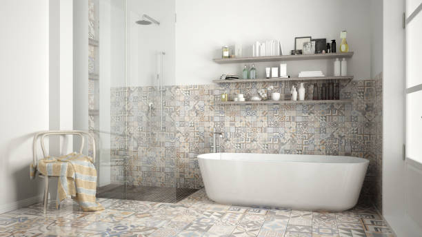 istock Scandinavian bathroom, classic white vintage interior design 652946748