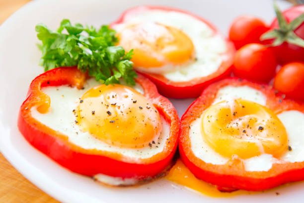istock fried eggs in red peppers in a plate close-up. 652946858