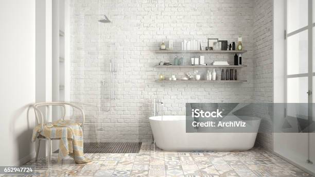 Baño Escandinavo Diseño Interior Vintage Blanco Clásico Foto de stock y más banco de imágenes de Baño