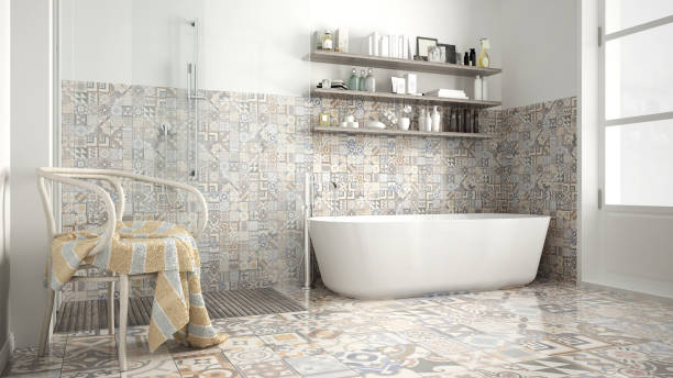 istock Scandinavian bathroom, classic white vintage interior design 652948424