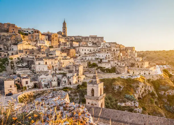 Ancient town of Matera (Sassi di Matera), European Capital of Culture 2019, in beautiful golden morning light, Basilicata, southern Italy