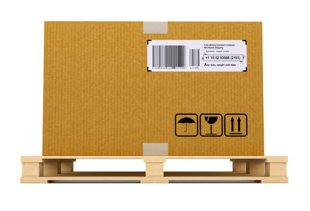 Cardboard box on wooden pallet isolated on white background. Warehouse, shipping, cargo and delivery concept. 3D illustration