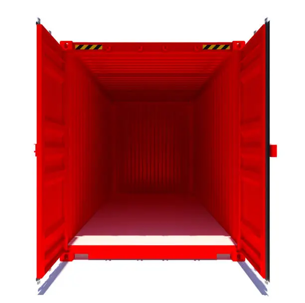3d rendering of red open shipping container. Front view. Isolated on white