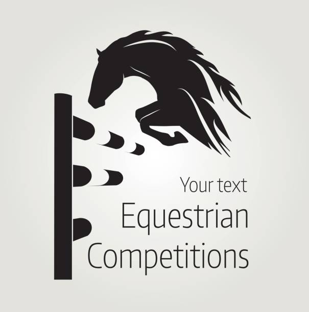 ilustraciones, imágenes clip art, dibujos animados e iconos de stock de cartel de concursos ecuestres - vector ilustración de caballo- - caballo saltando