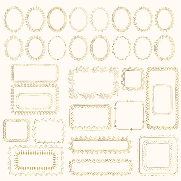 ilustrações, clipart, desenhos animados e ícones de conjunto de molduras douradas de mão desenhada. - victorian style frame ornate black border